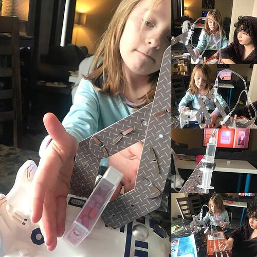 Carmen made a hydraulic claw with water, tubes, and syringes. Thanks to tinkercrate.  Of course she had to customize it.