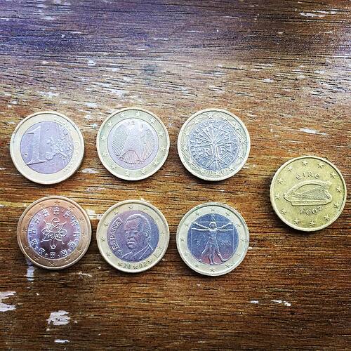 My kids love the Euro currency. They like the different country faces. Of course they call them Loonies. Here’s Germany, France, Portugal, Spain and Italy versions of the 1 â‚¬ coin, and an Irish 50 cent coin.